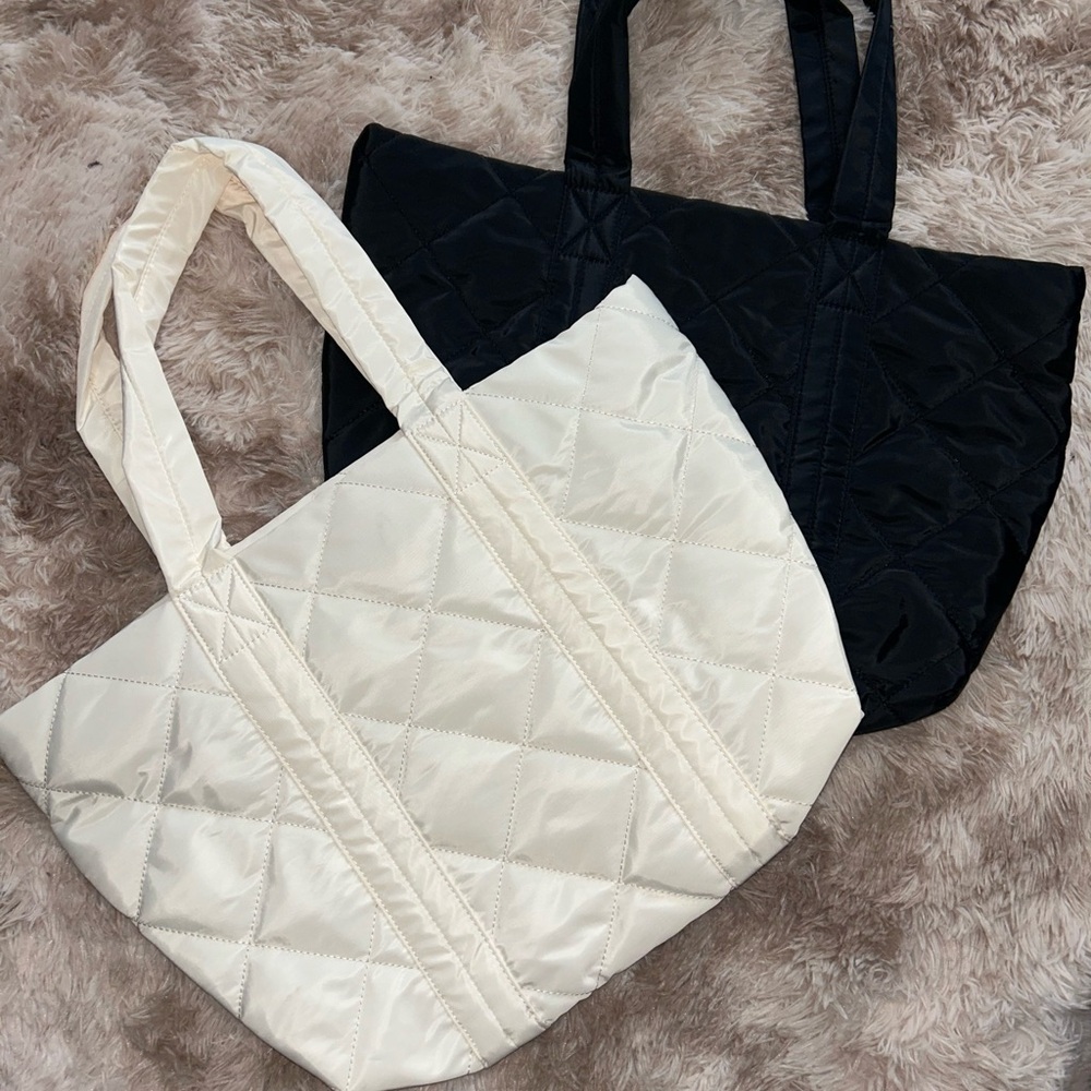 NEW 2 Large Quilted Tote Bags, Cream & Black, dust bags included!